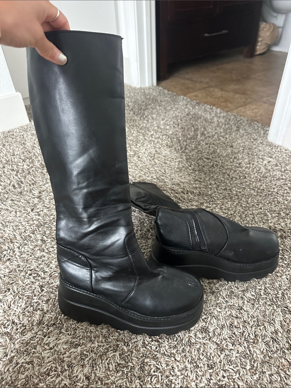 Black Platform Knee-High Boots with Chunky Lug Sole
